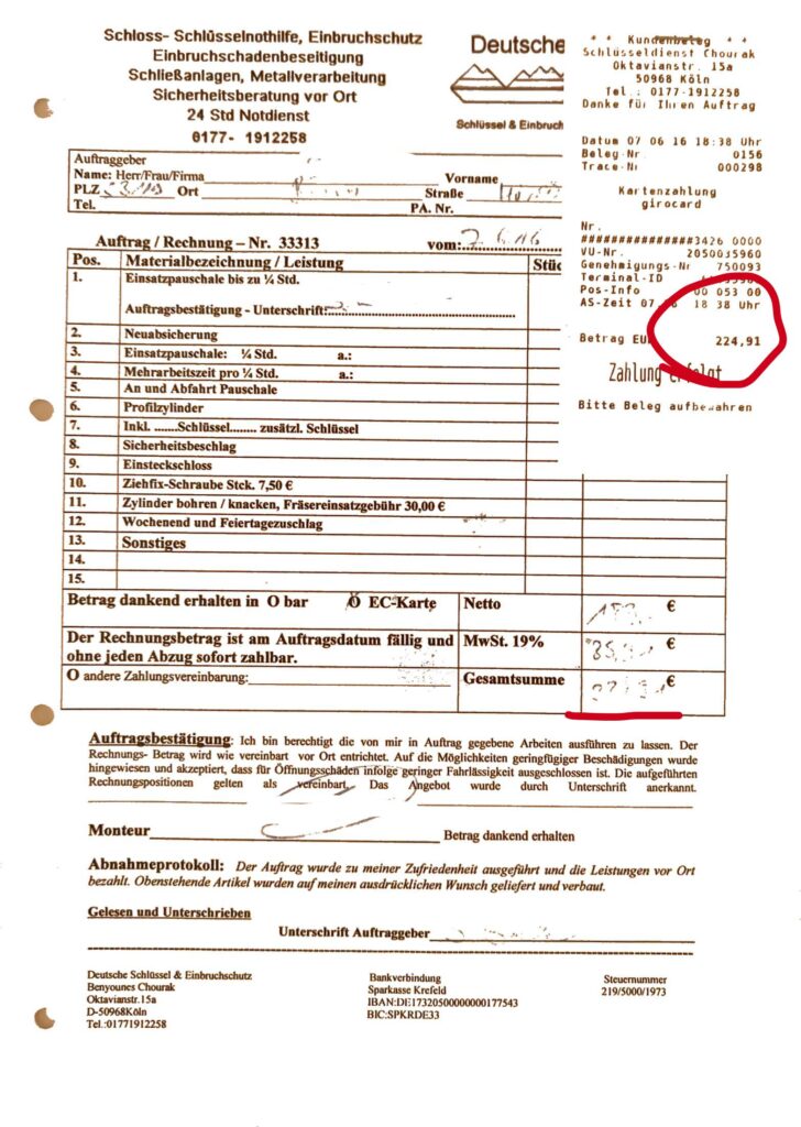 Hohe Rechnung eines 24 Stunden Schlüsseldienst in Bonn