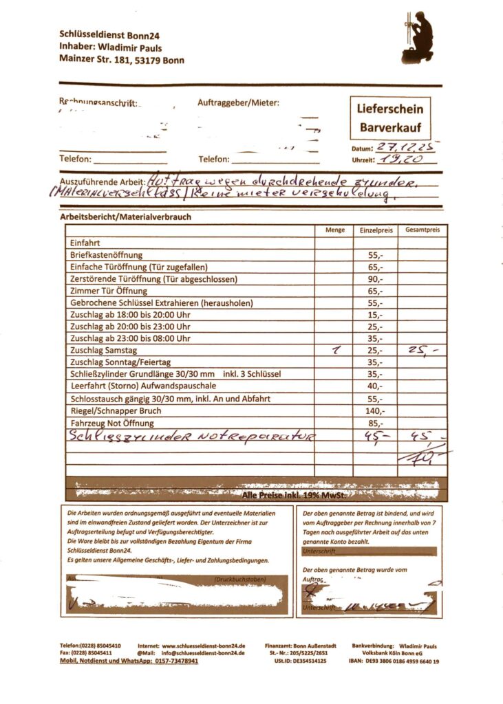 Faire Rechnung eines 24 Stunden Schlüsseldienstes in Bonn