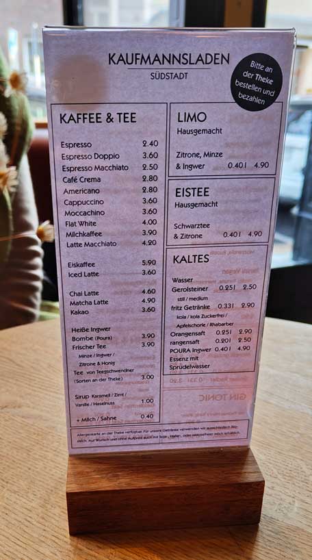 Kaufmannsladen Bonn Südstadt Getränkekarte